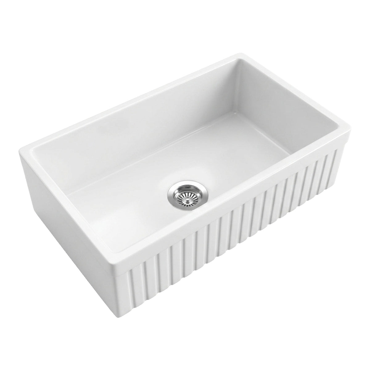33 inch reversible fluted apron single bowl fireclay farmhouse sink, white background - SANIKB SN3320T