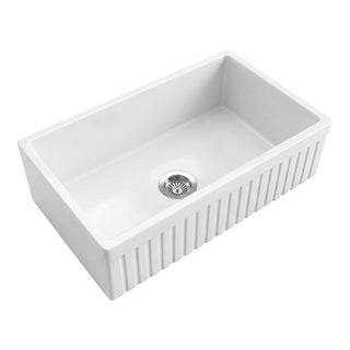 33 inch reversible fluted apron single bowl fireclay farmhouse sink, white background - SANIKB SN3320T