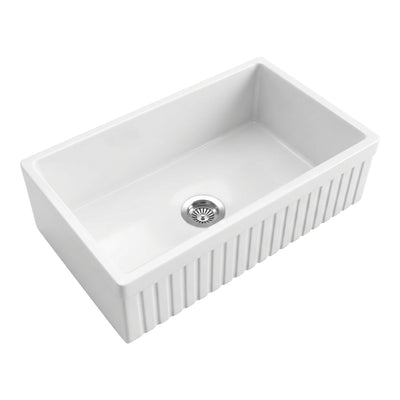 33 inch reversible fluted apron single bowl fireclay farmhouse sink, white background - SANIKB SN3320T