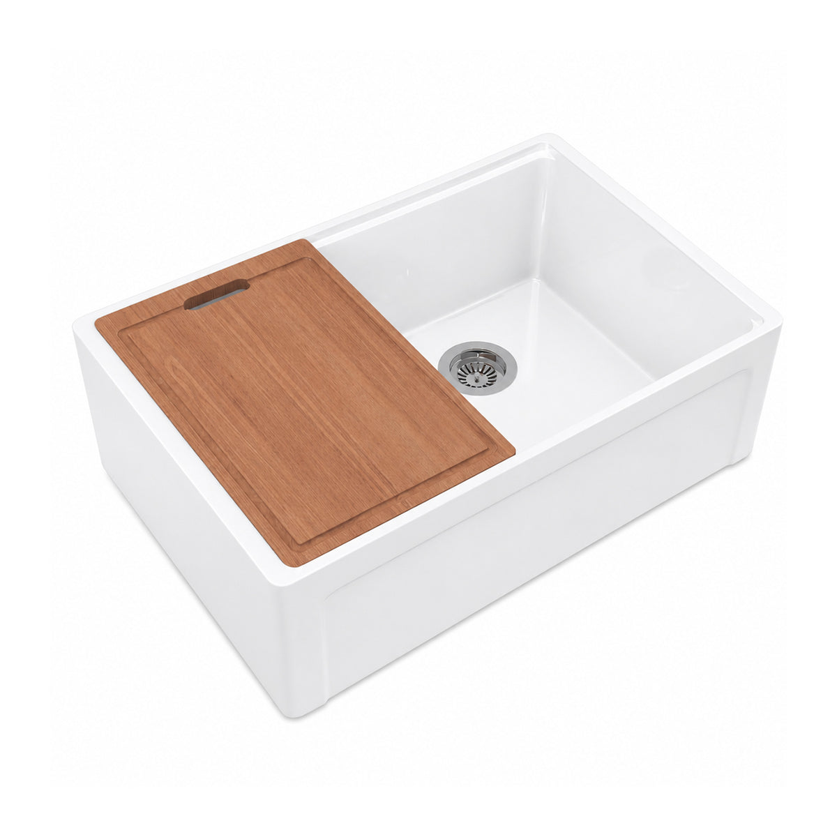 33 inch recessed workstation fireclay farmhouse sink with wood cutting board, white background - SANIKB SN105W3320