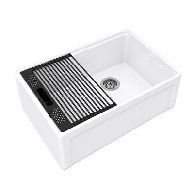 33 inch single bowl recessed workstation fireclay farmhouse sink, white background - SANIKB SN105W3320