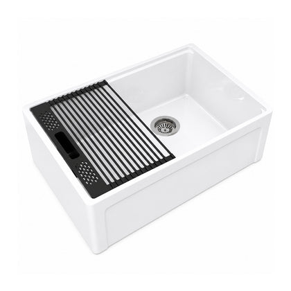 33 inch single bowl recessed workstation fireclay farmhouse sink, white background - SANIKB SN105W3320
