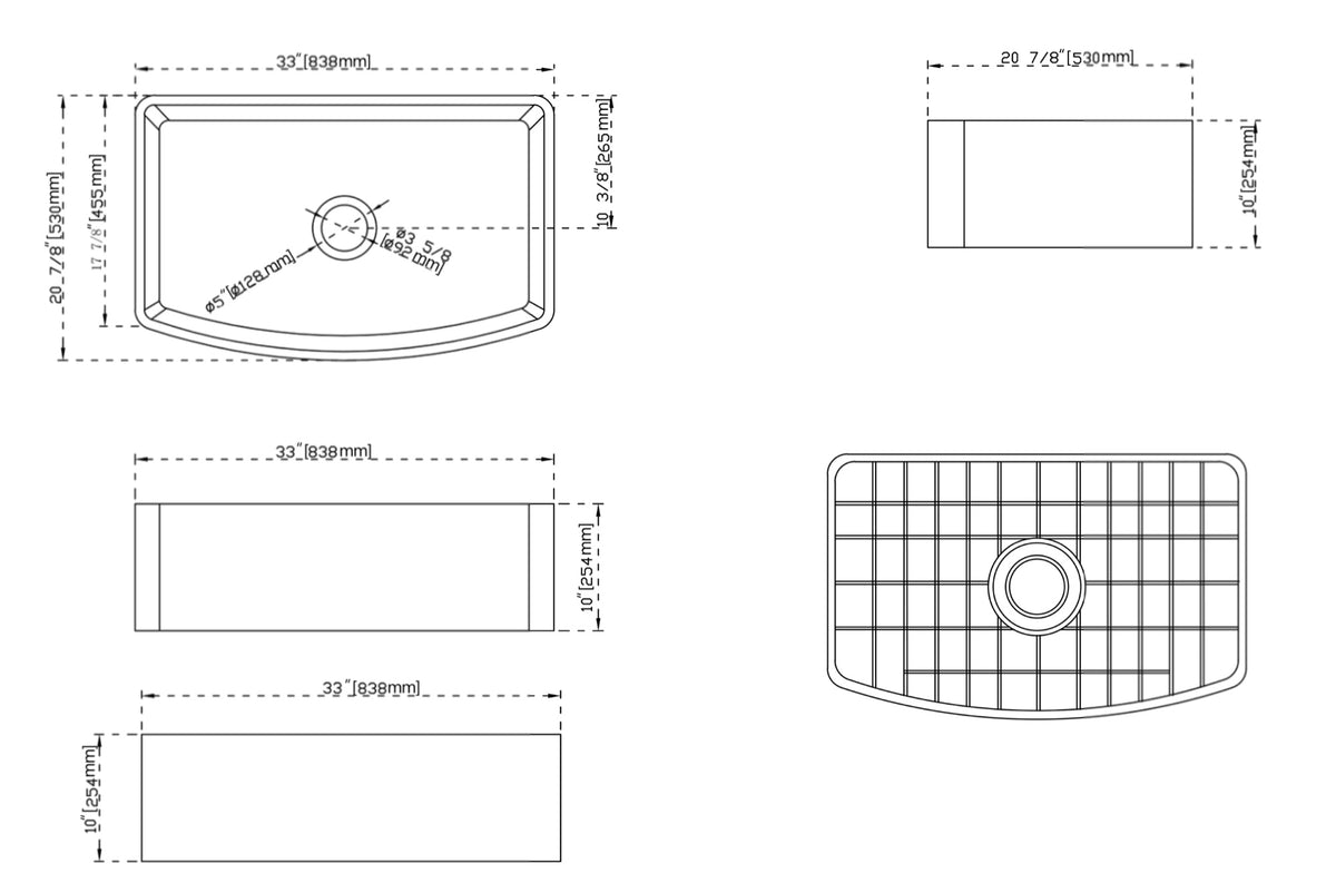 33-inch curved-apron fireclay farmhouse sink dimensions drawing — SANIKB SN3321