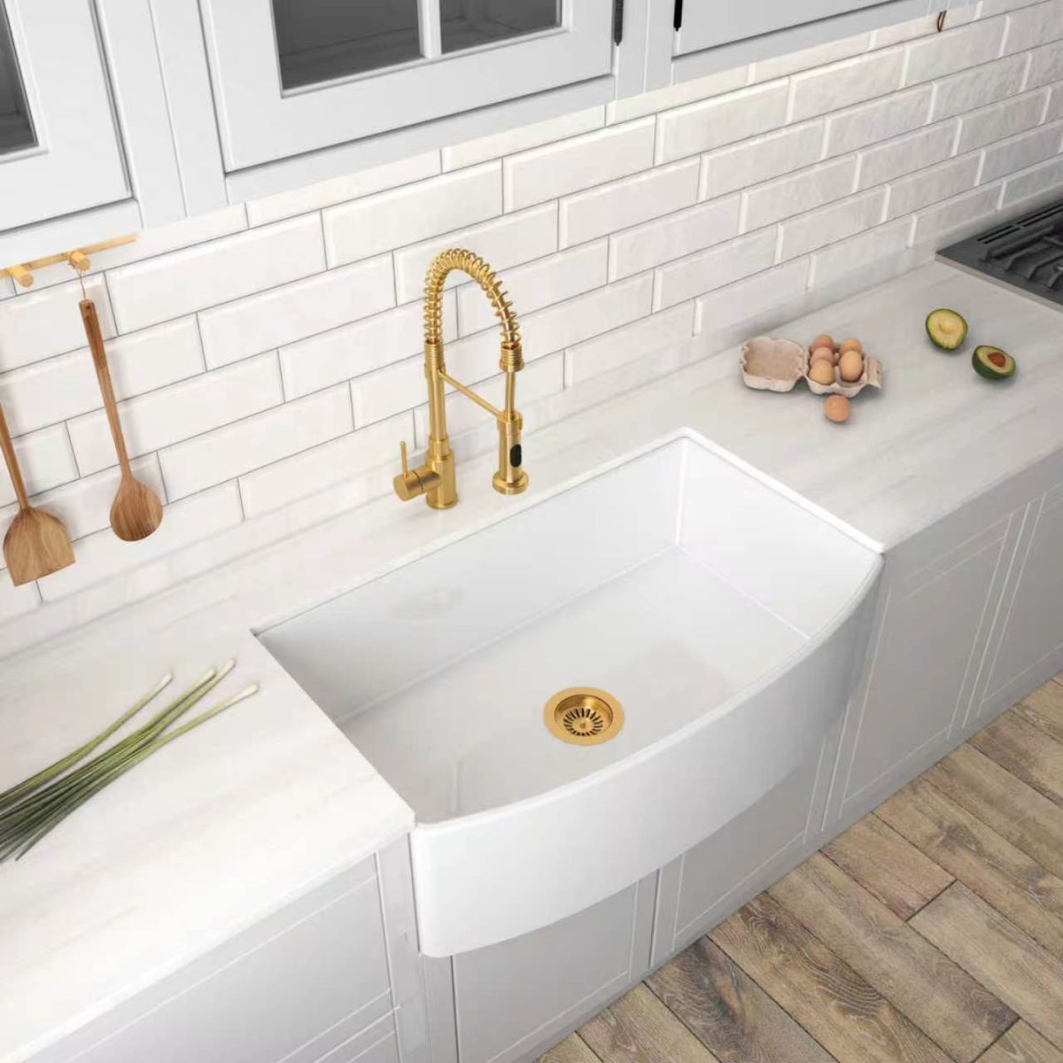 33-inch curved-apron fireclay farmhouse sink installed in a modern kitchen — SANIKB SN3321