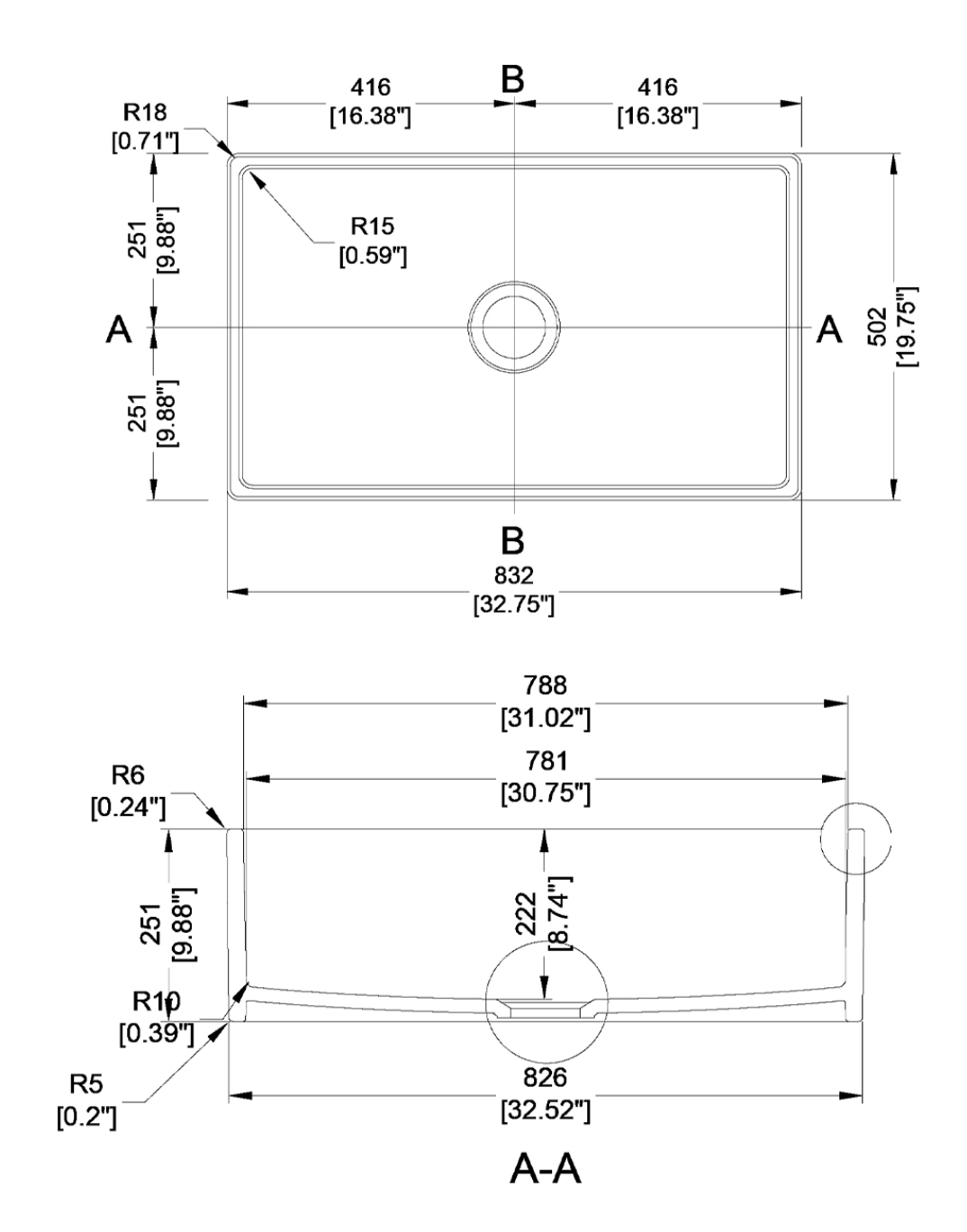 33-inch single-bowl fireclay farmhouse sink dimension drawing, 32.75 x 19.75 x 9.88 inches — SANIKB SN3320T