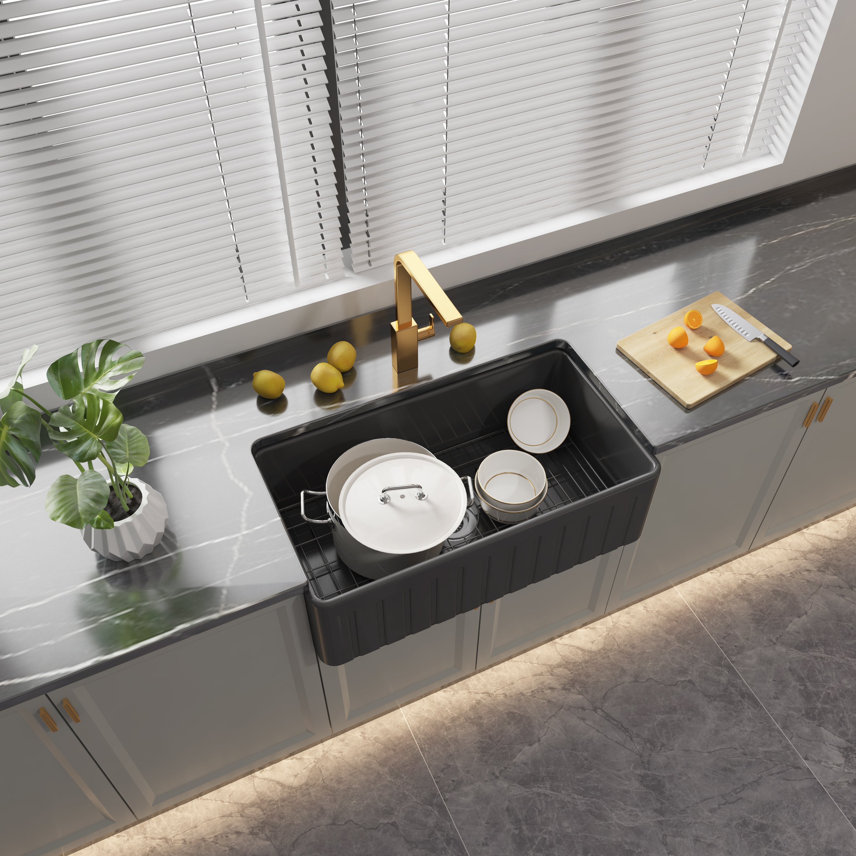 33″ × 18″ Fluted Single-Bowl Fireclay Farmhouse Sink | SANIKB SN3318T