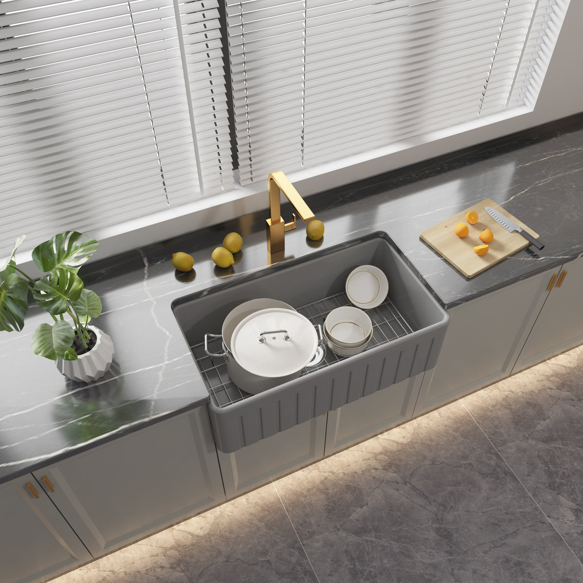 33 inch single bowl fluted fireclay farmhouse apron sink - SANIKB SN3318T