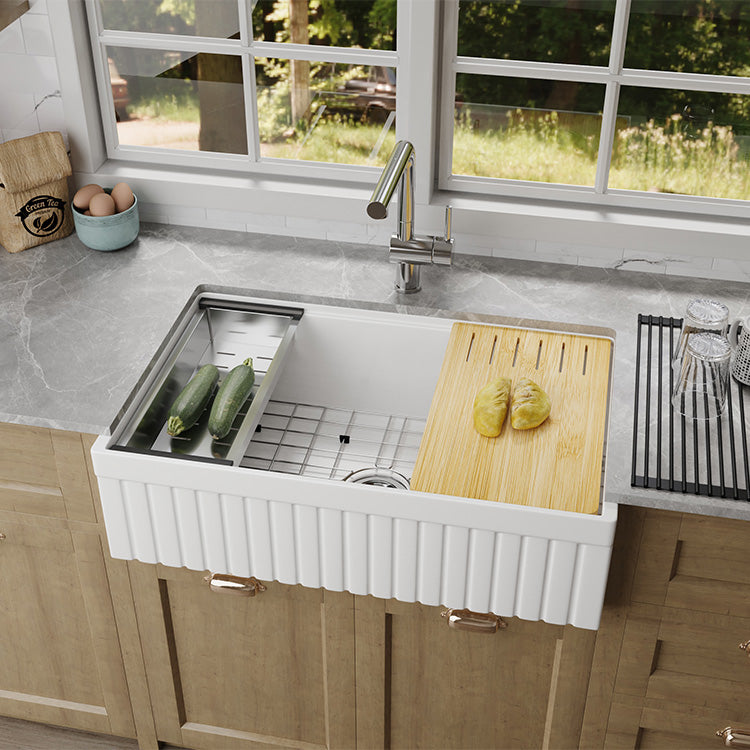 33 inch single bowl fluted workstation fireclay farmhouse sink - SANIKB SN103W3320