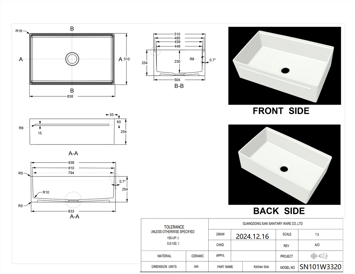 33 inch single bowl reversible workstation fireclay farmhouse sink - SANIKB SN101W3320