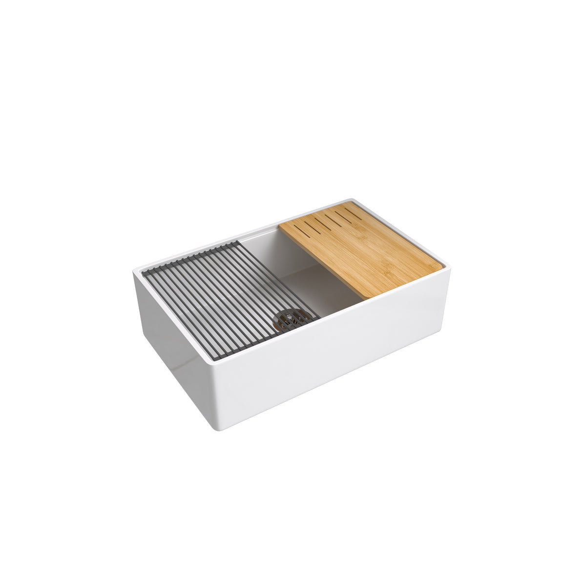 33 inch smooth apron fireclay farmhouse sink SN3320S with cutting board and drying rack
