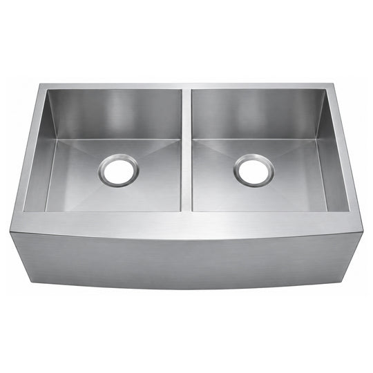 SANIKB 332010D — Zero-Radius Double Bowl Apron Farmhouse Sink 33x20, 16G Lustrous Satin