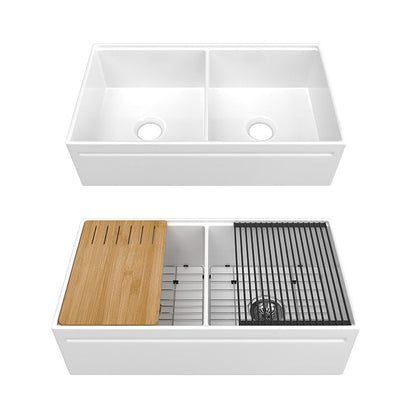 36 inch double bowl reversible workstation fireclay farmhouse sink - SANIKB SN101W3620D