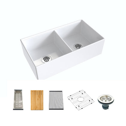 36 inch double bowl smooth workstation fireclay farmhouse sink - SANIKB SN100W3620D