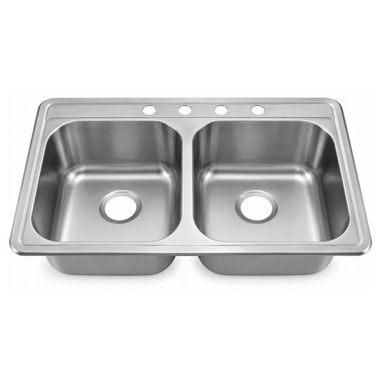 SANIKB 8456A-3 — 3-Hole or 4-Hole Top Mount Double Bowl Kitchen Sink 33x22, 304 Steel