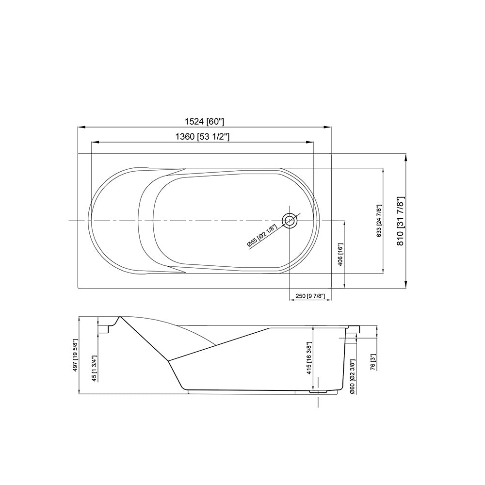 SANIKB AA6032 flat-rim drop-in bathtub dimension drawing - 1524 x 810 x 497 mm