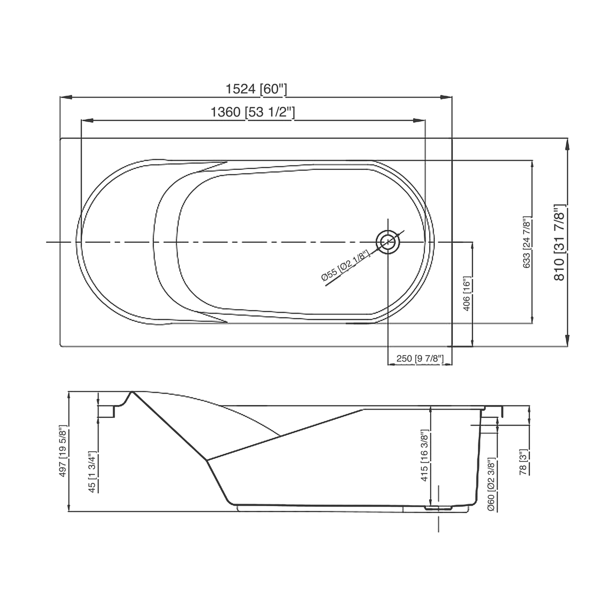 SANIKB AA6032R dimension drawing, right-hand drain