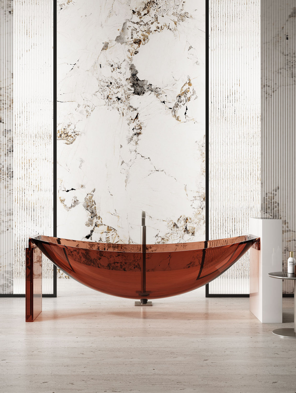 Amber Curved Transparent Bathtub on Slim End Supports; original factory model TW-8996T-1 complete product view