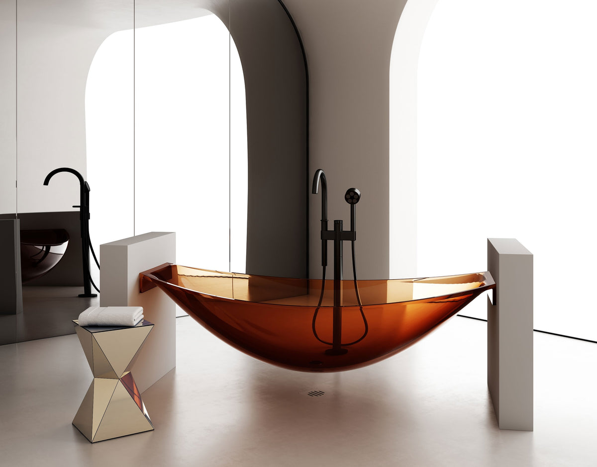 Amber Curved Transparent Bathtub with End Supports; original factory model TW-8996T complete product view