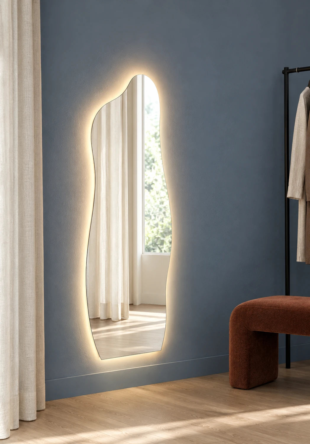 Asymmetric Full Length Backlit LED Mirror — catalog detail view; MG