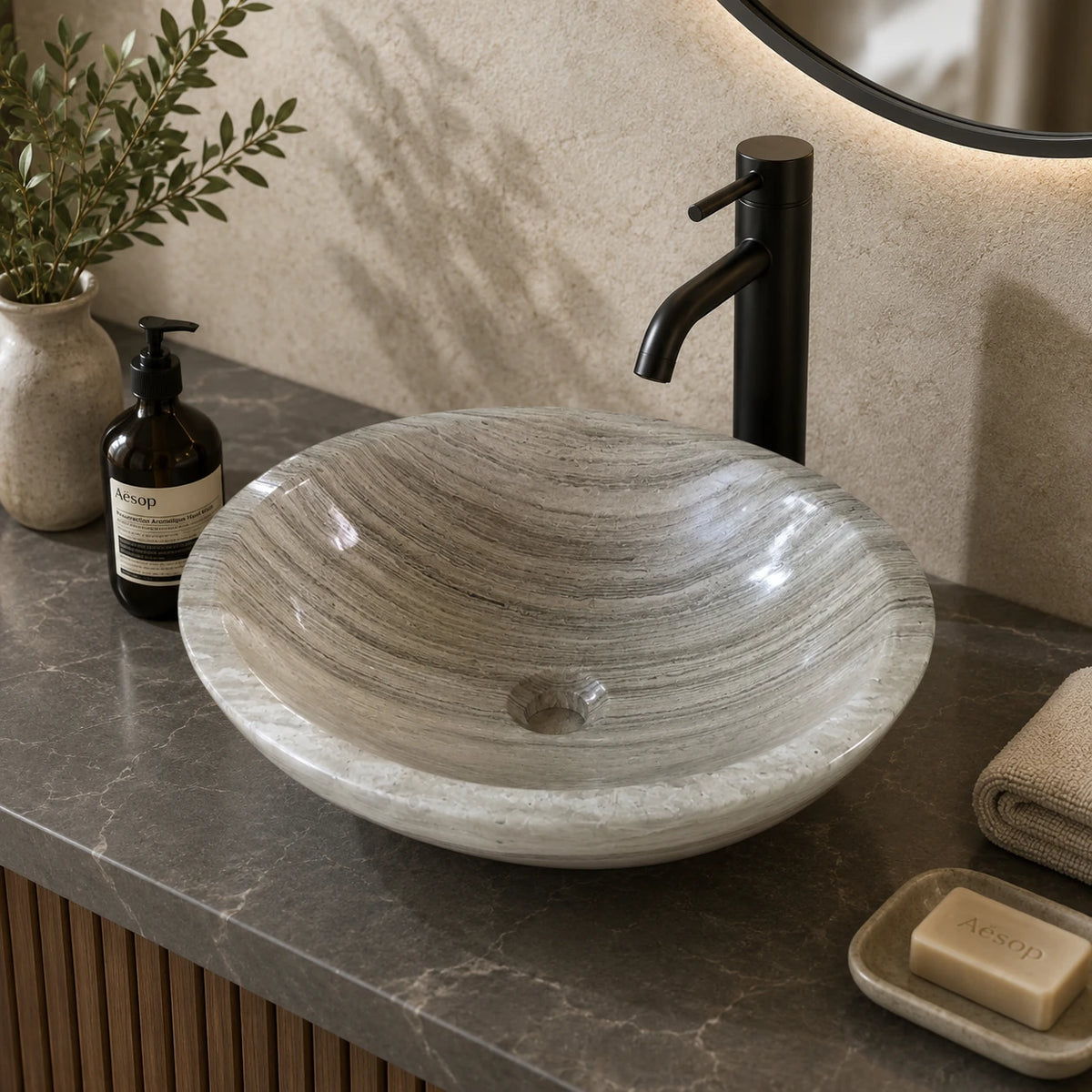 Athens Grey Marble Oval Vessel Basin 18.1×14.2