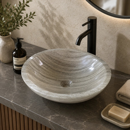 Athens Grey Marble Oval Vessel Basin 18.1×14.2