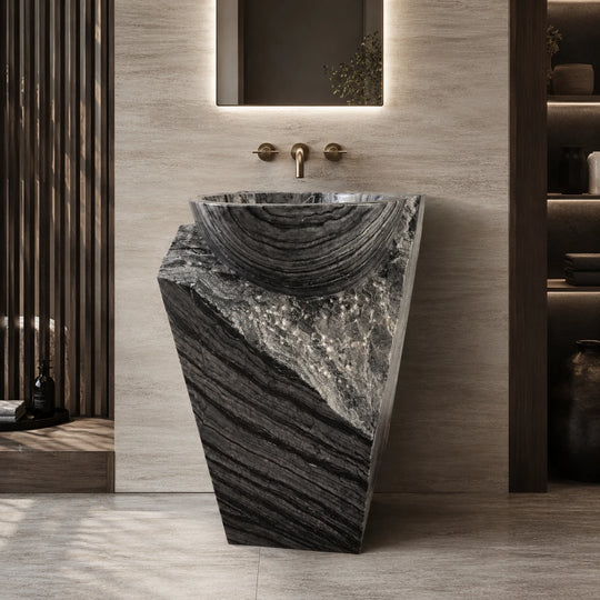 Athens Grey Wooden-Vein Marble Square Pedestal Basin