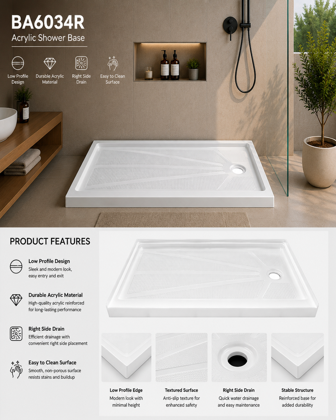 BA6034R 60 x 34 acrylic shower base feature sheet: low profile, anti-slip surface, right drain, durable base