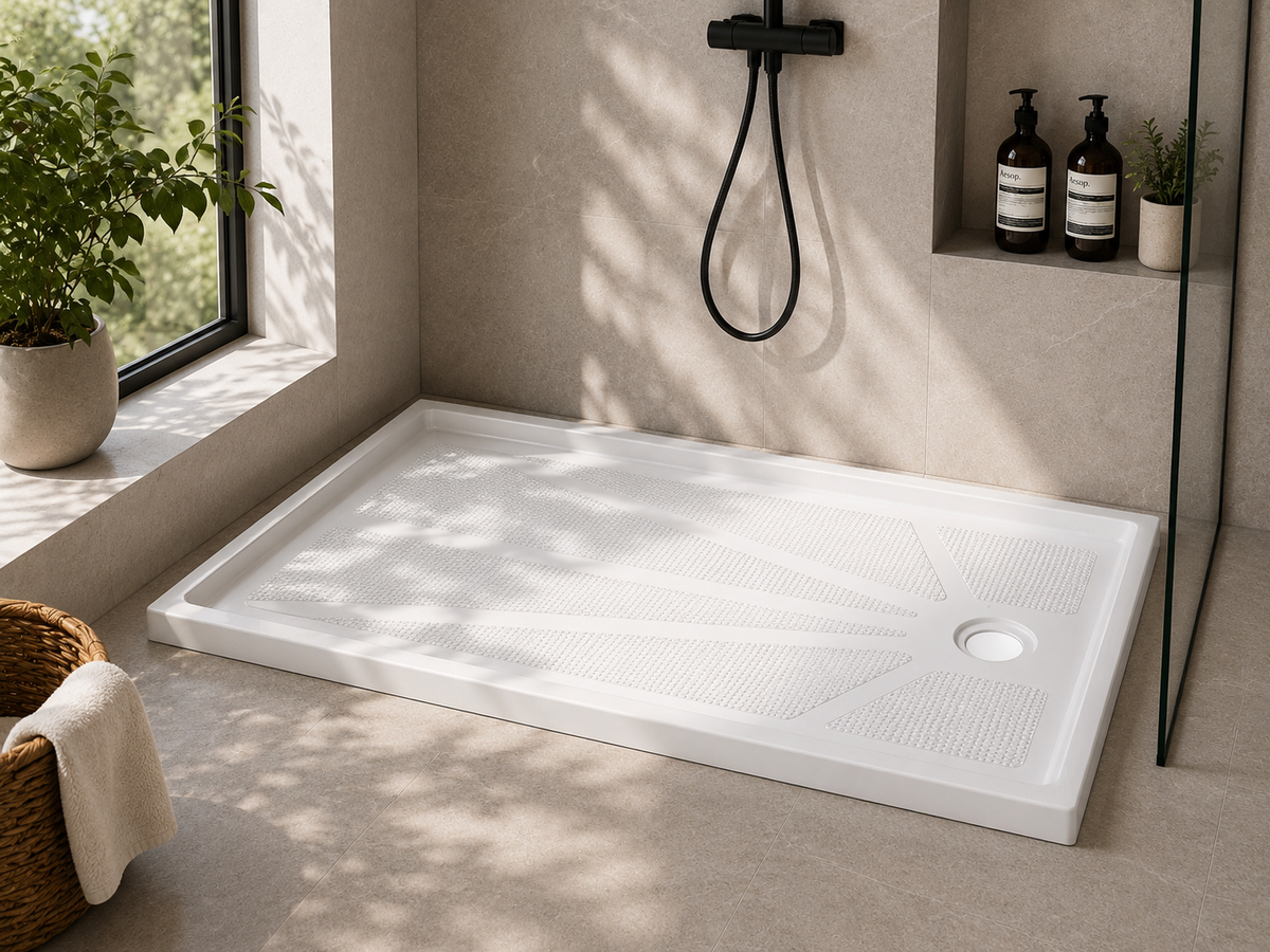 BA6034R 60 x 34 acrylic shower base with right drain installed in a tiled alcove shower