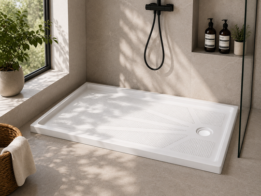 BA6034R 60 x 34 acrylic shower base with right drain installed in a tiled alcove shower