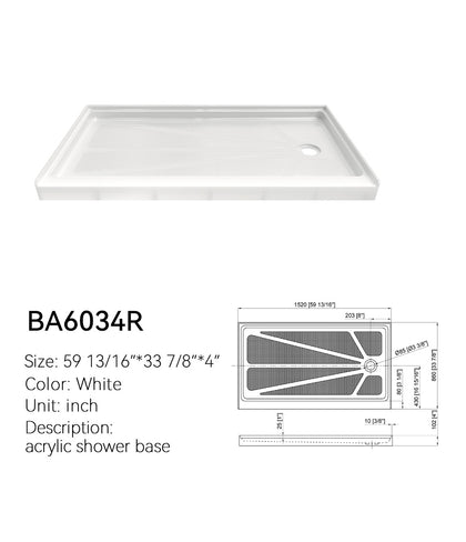 BA6034R white acrylic 60 x 34 shower base, right drain, with dimension drawing (59 13/16 x 33 7/8 x 4 in)