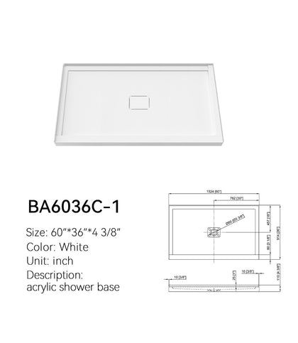 SANIKB BA6036C-1 60 x 36 center-drain shower base with square drain cover, white acrylic, with spec drawing