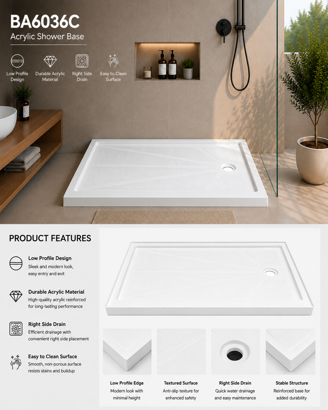 SANIKB BA6036C 60 x 36 acrylic shower base feature overview: low-profile, anti-slip textured floor, easy-clean