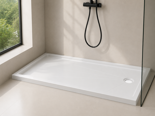 SANIKB BA6036R 60 x 36 shower base installed in a tiled alcove with right-side drain and black shower fixtures