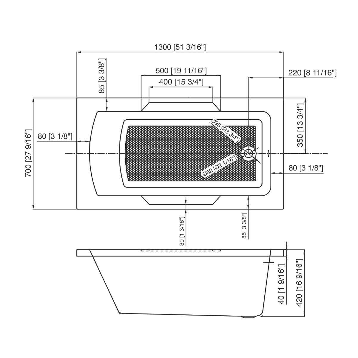 SANIKB BBG5128 dimension drawing, 1300 x 700 mm