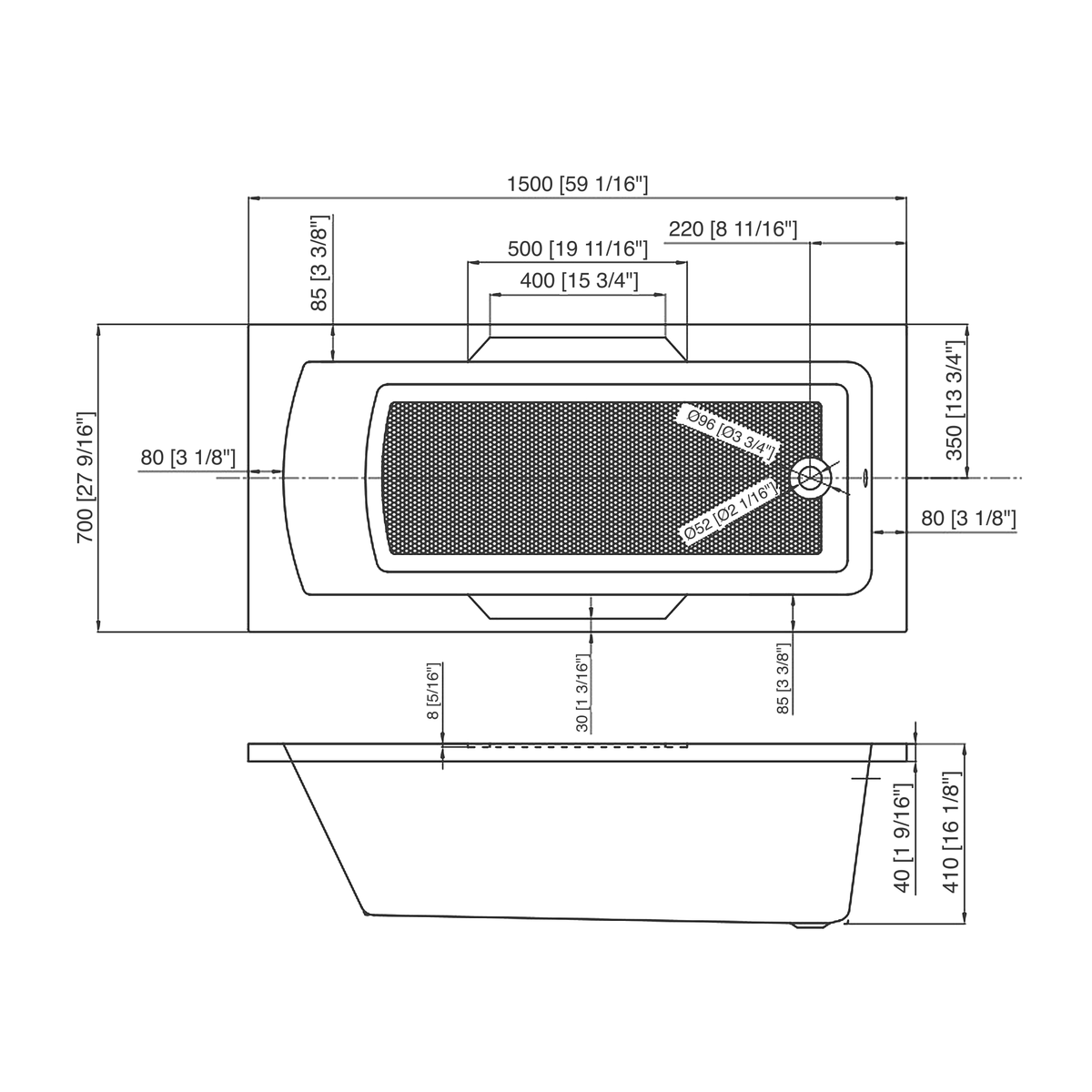 SANIKB BBG5928 dimension drawing, 1500 x 700 mm