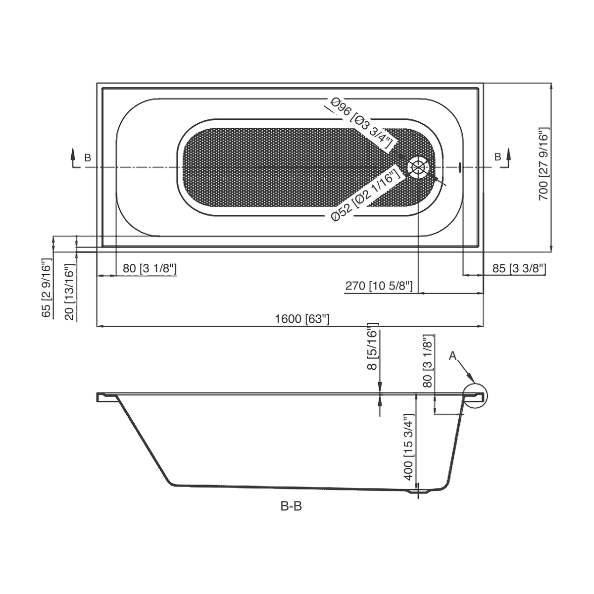 SANIKB BBG6328 dimension drawing, 1600 x 700 mm