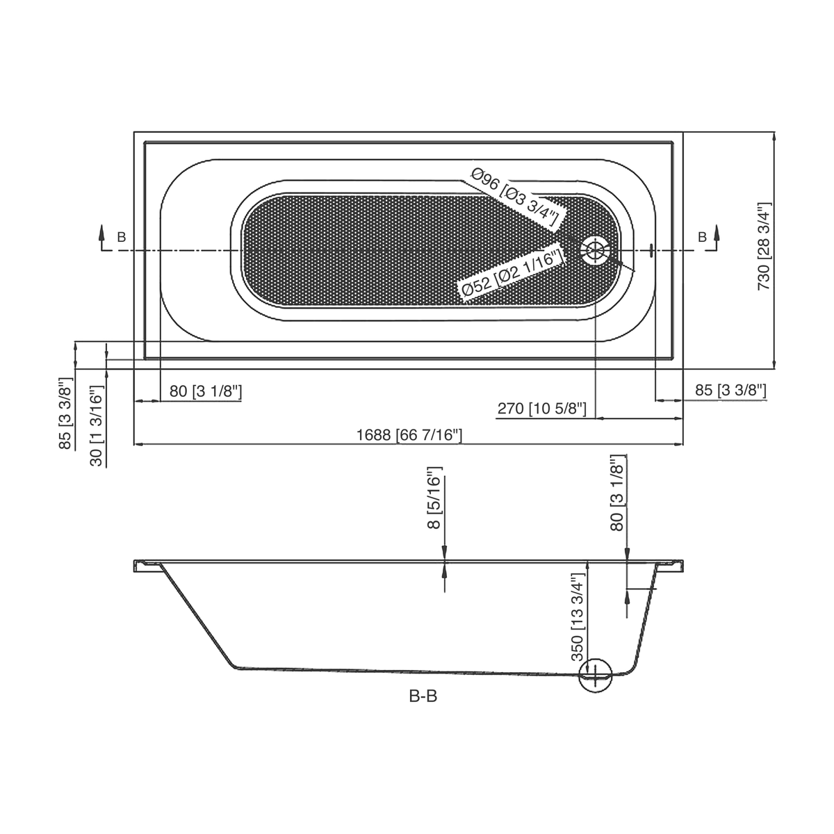 SANIKB BBG6729 dimension drawing, 1688 x 730 mm
