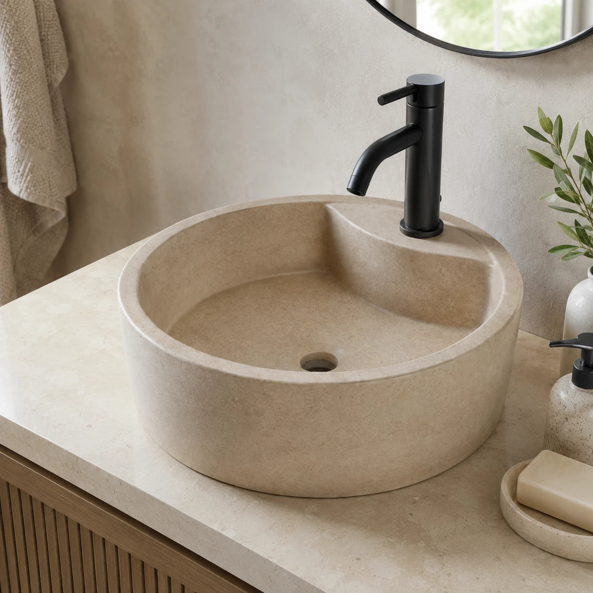 Beige Marble Round Vessel Basin 16.5×5.5