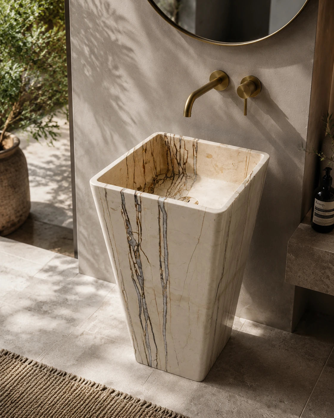 Beige Marble Square Pedestal Basin