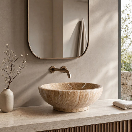 Beige Travertine Round Vessel Basin 16.5×16.5