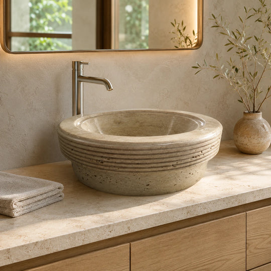Beige Travertine Round Vessel Basin 17.7×5.1