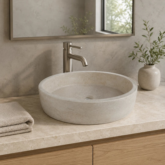 Beige Travertine Round Vessel Basin 19.7×14.2