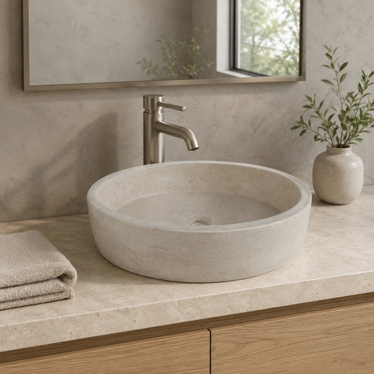 Beige Travertine Round Vessel Basin 19.7×14.2