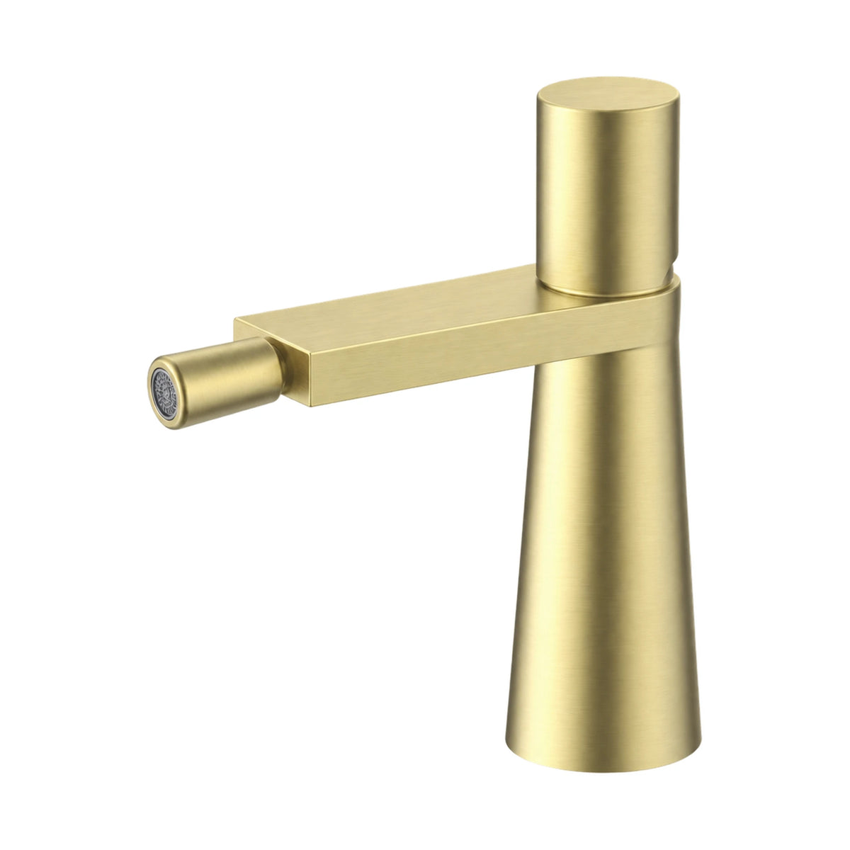 Brushed gold conical bidet faucet with smooth round top knob, flat straight spout and round swivel nozzle — SANIKB B099 05 43 1