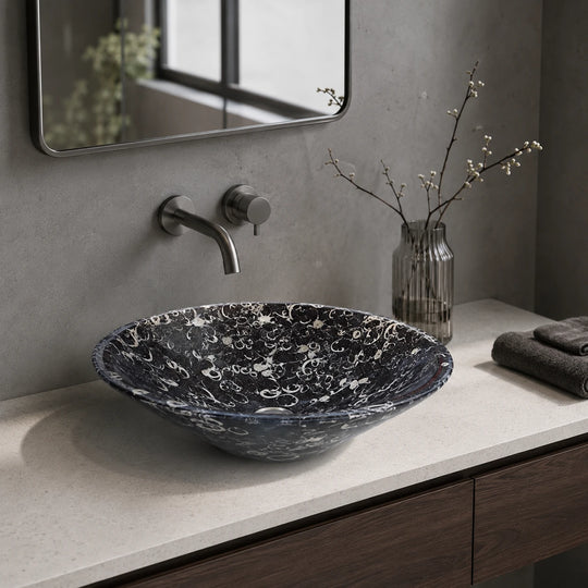 Black Fossil Limestone Oval Vessel Basin 16.5×5.5