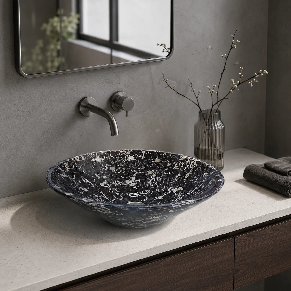 Black Fossil Limestone Oval Vessel Basin 16.5×5.5