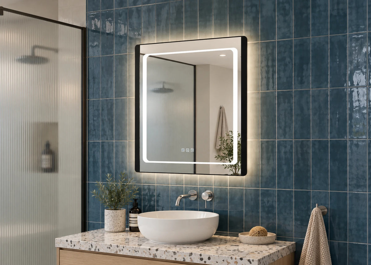 Black Frame Inset Border LED Bathroom Mirror — catalog detail view; KS-009-1004