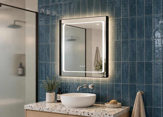 Black Frame Inset Border LED Bathroom Mirror — catalog detail view; KS-009-1004