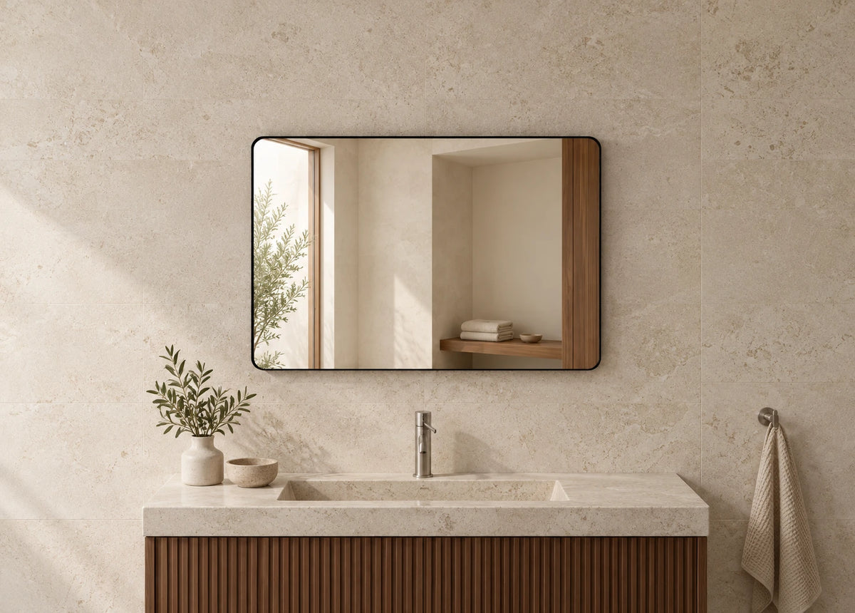 Black Frame Rectangle LED Bathroom Mirror — catalog detail view; KS-009-1005
