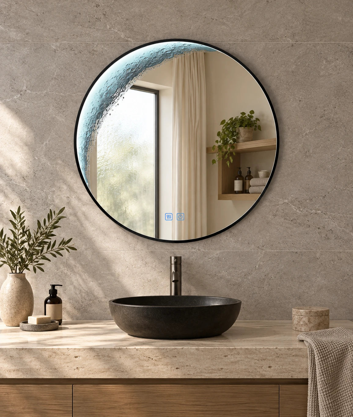 Black Frame Round LED Bathroom Mirror — full product view; KS-010-1001